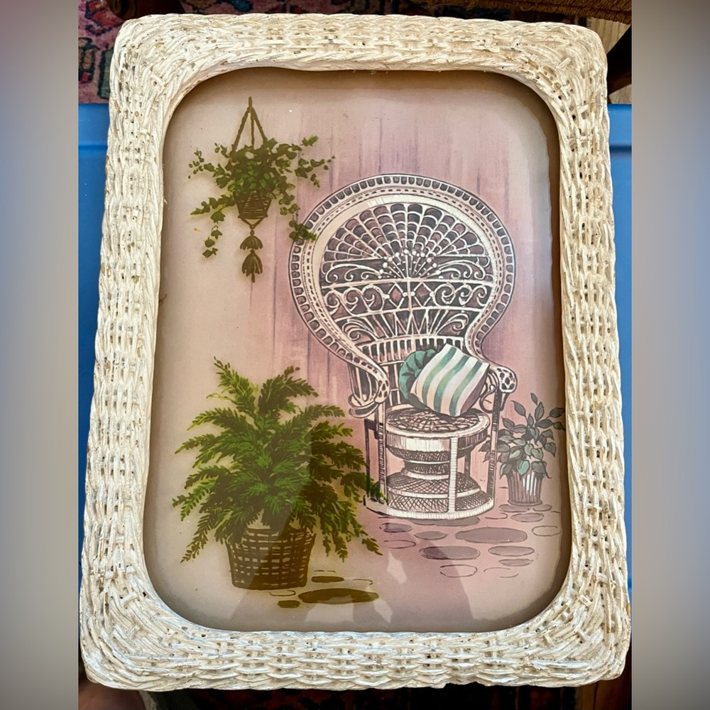 Reverse glass painting Peacock Chair and‎ Ferns 
Cottage Core Vintage 80s
